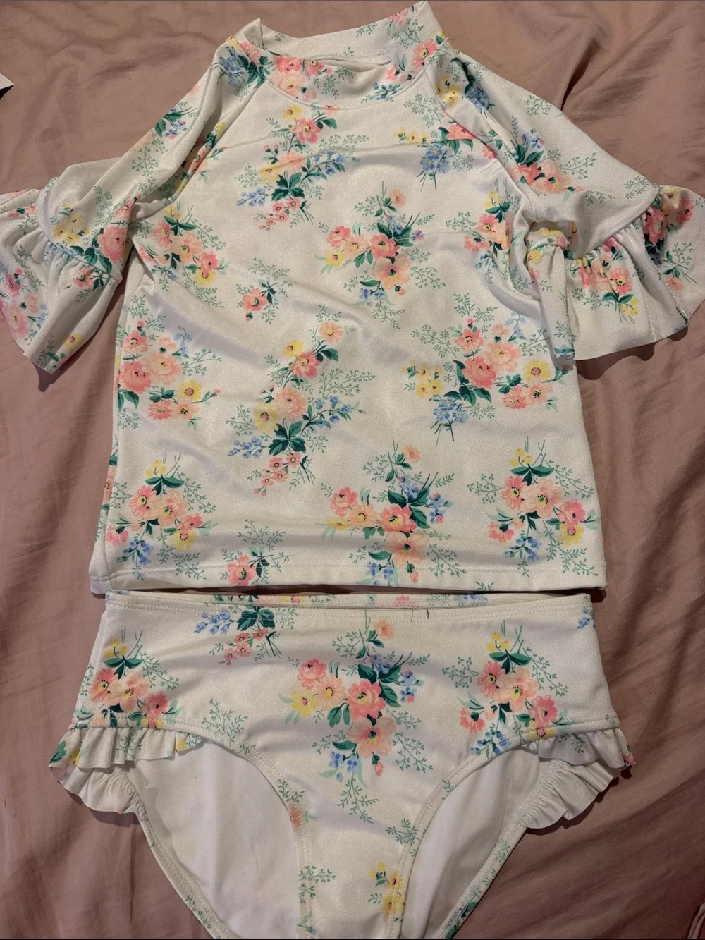 Janie and Jack Floral Ruffle Two-Piece Swim Set - White with Pink, Yellow & Blue